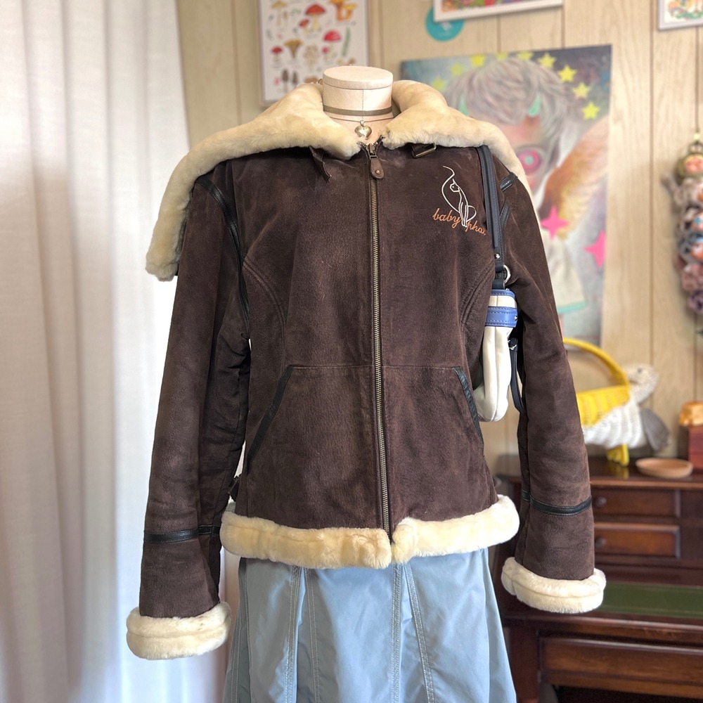 Baby Phat Brown Leather Faux Fur Lined Zip Up Hood Jacket Buckle Collar Womens L - Picture 12 of 12
